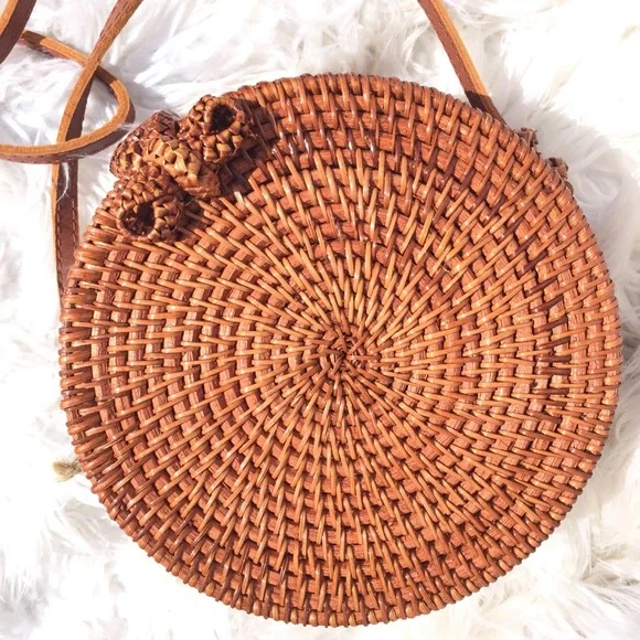 Woven Round Crossbody Bag in Tan - Picture 2 of 6